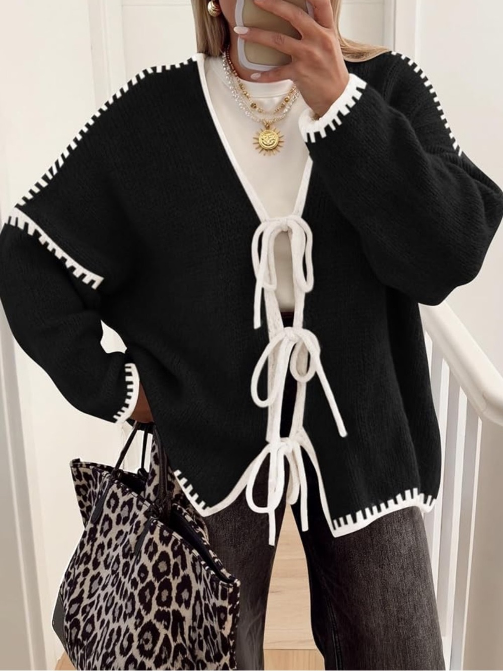 SHEIN Black Cardigan with White Contrast Tie-Front